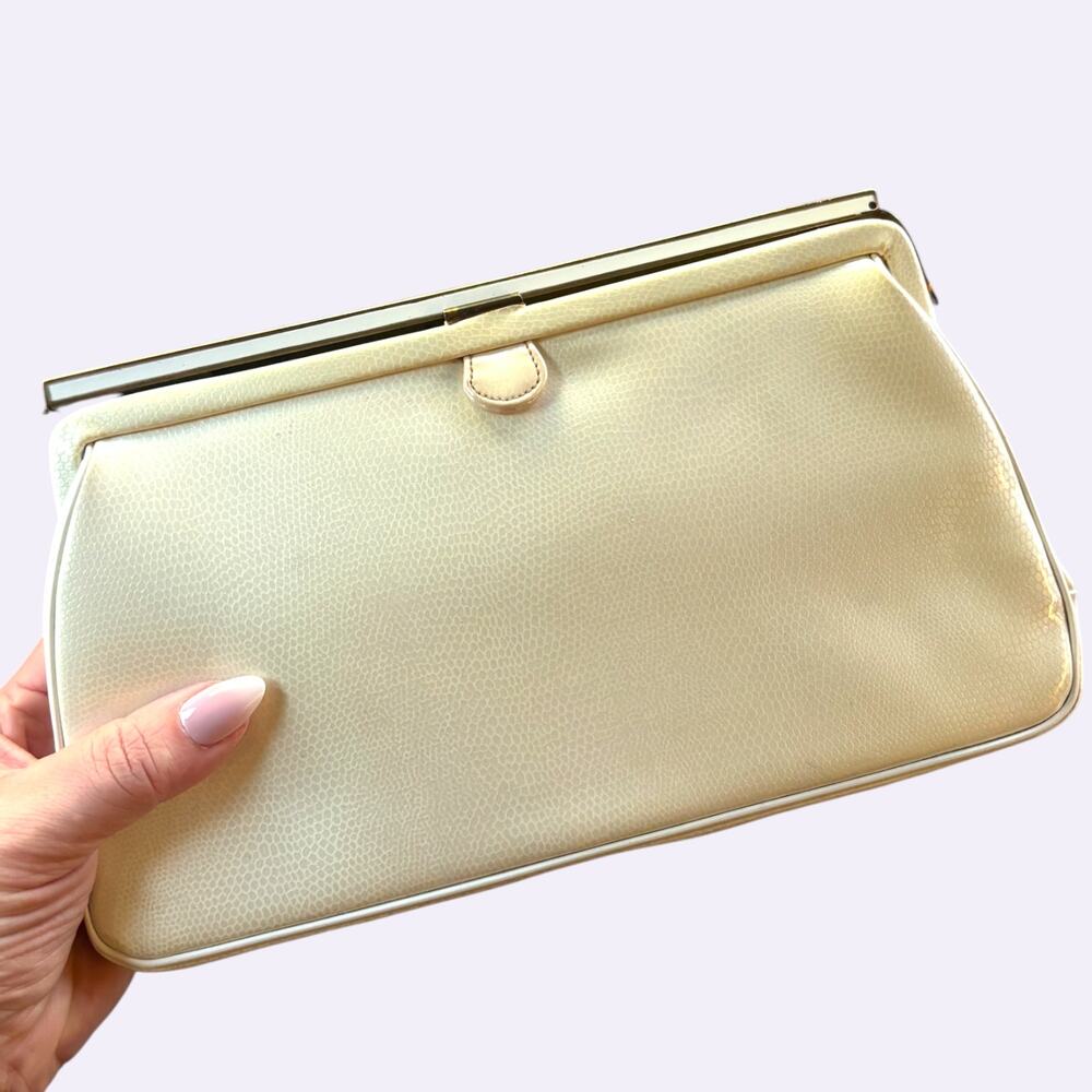 Vintage Meyers Ivory Faux Lizard Frame Clutch Evening Purse Mid Century Handbag